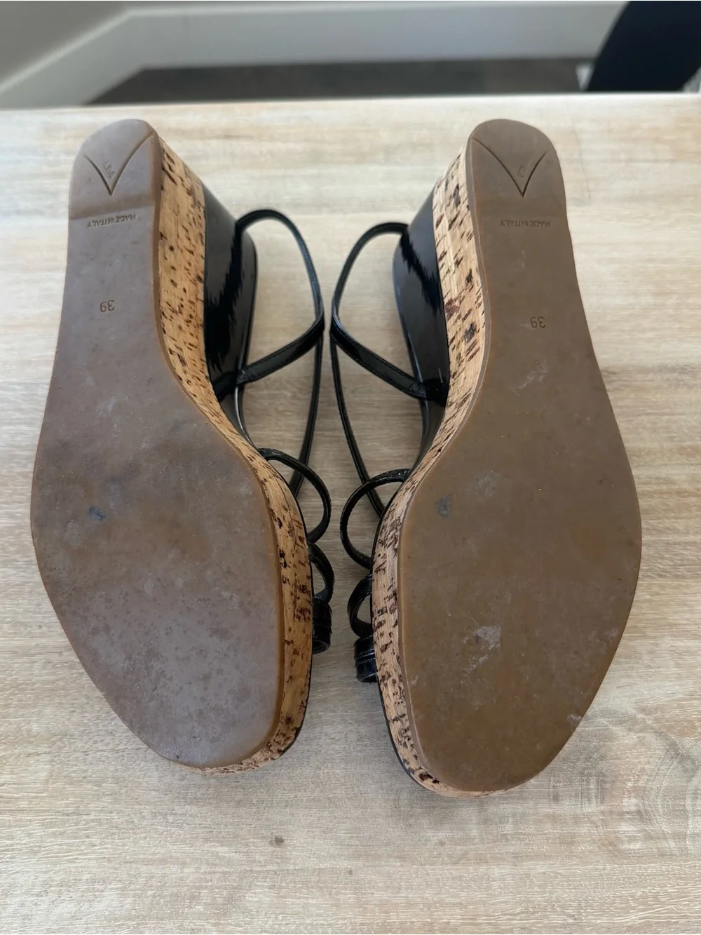 Prada Black Patent Cork Wedges